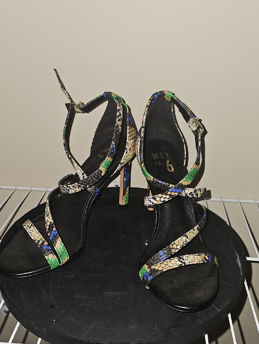 NWOB Mix No. 6 Black Snake-Print Strappy Heels with Green & Blue Accents